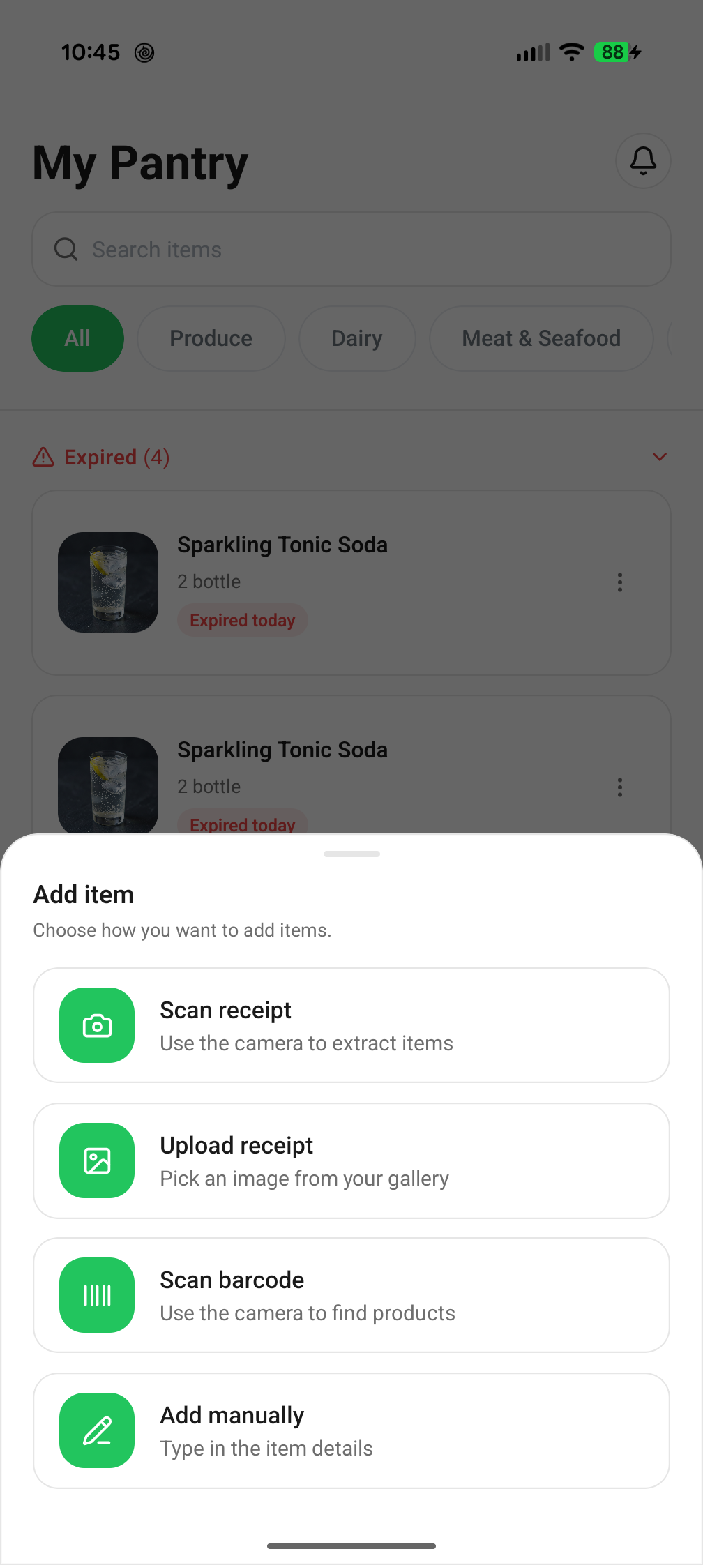 KitchenSavor Add Items Screen